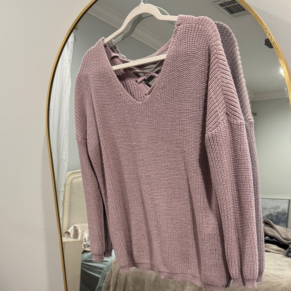 Miracle Mauve V-Neck Sweater with Lace-Up Detail
